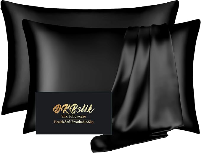 Silk Pillow Cases 2 Pack, Mulberry Silk Pillowcases Standard Set of 2, Smooth, Anti Acne, Both Sides Natural Silk Satin Pillow Cases for Sleeping Women 2 Pack with Zipper, Black