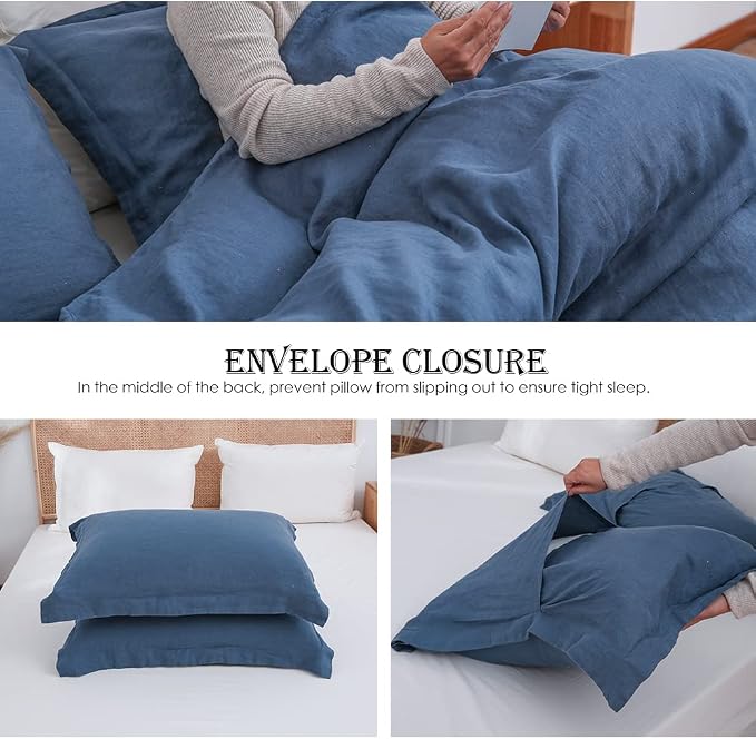 Simple&Opulence 100% Linen Duvet Cover Set 3pcs Basic Style Natural French Washed Flax Solid Color Soft Breathable Farmhouse Bedding with Button Closure - Classic Blue, Queen