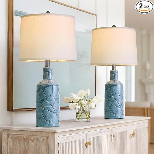 PoKat 26'' Farmhouse Ceramic Table Lamps Set of 2, Blue Bedside Lamps for Living Room, Nightstand Lamps for Bedroom Night Stands, Bedroom Lamps for Side Table End Table Hallway, Blue