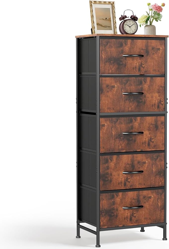 5 Drawers Dresser for Bedroom Fabric Storage Tower with Wooden Top | Steel Frame Tall Chest of Drawers for Closet, Entryway, Dorm, Brown