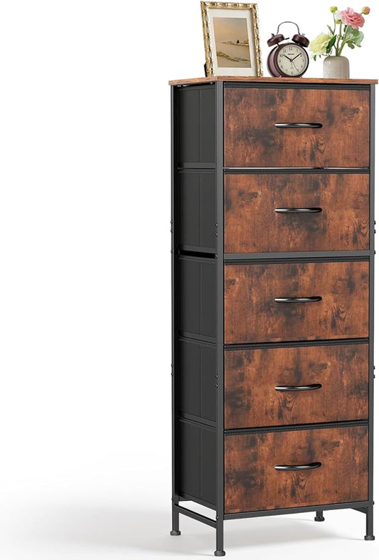 5 Drawers Dresser for Bedroom Fabric Storage Tower with Wooden Top | Steel Frame Tall Chest of Drawers for Closet, Entryway, Dorm, Brown