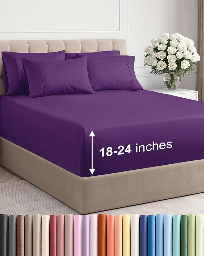Extra Deep Cal King Sheet Set - 6 Piece Breathable Cooling Sheets - Purple | Hotel Luxury Bed Sheets Set, Easy & Secure Fit, Ultra-Soft, Wrinkle & Fade Free, Comfy Sheets Set with Extra Deep Pockets