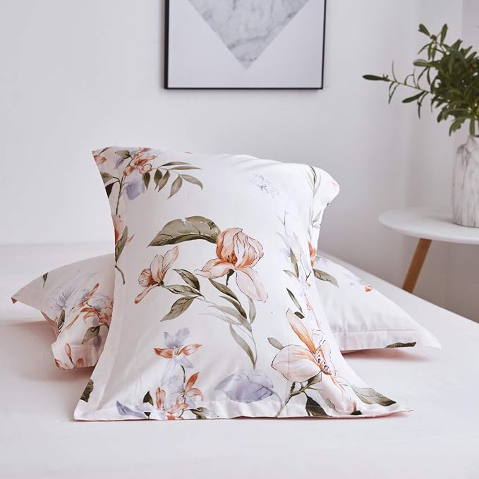 OAITE Queen Duvet Cover Set 3pcs 100% Cotton with Pink Flower | Soft, Breathable,Long-lasting,Comfort,Hidden Zipper,8 Corner Ties,Easy Care for All Season