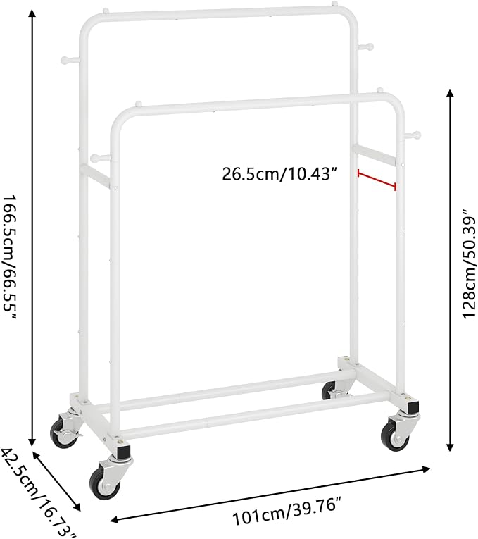 Laiensia Double Rods Garment Rack with Wheels, Clothing Rack for Hanging Clothes,4 Hooks, Multi-functional Bedroom Clothes Rack, White