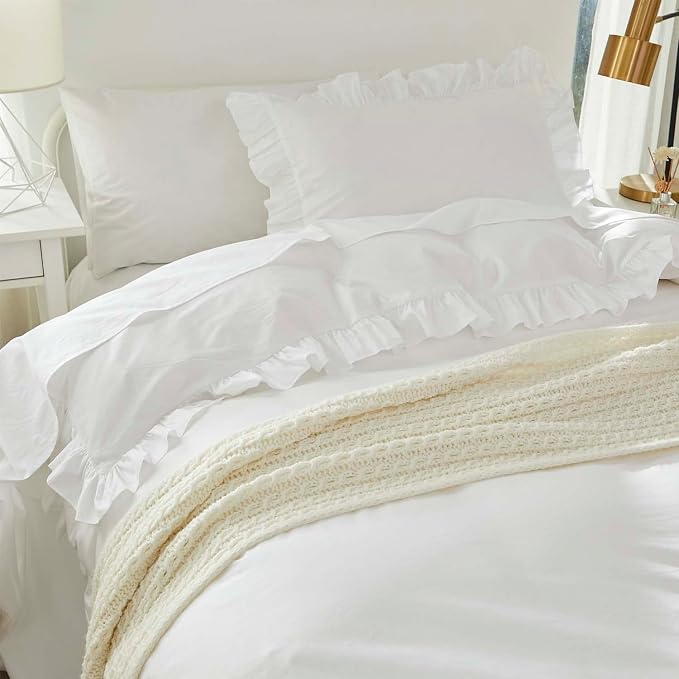 Brandream Kid's Duvet Cover Full/Queen Size 100% Organic Cotton 3pcs Boys Girl Bedding Duvet Cover Shams Set, Delicate Ruffle Fringe Solid Color Soft and Breathable (White)