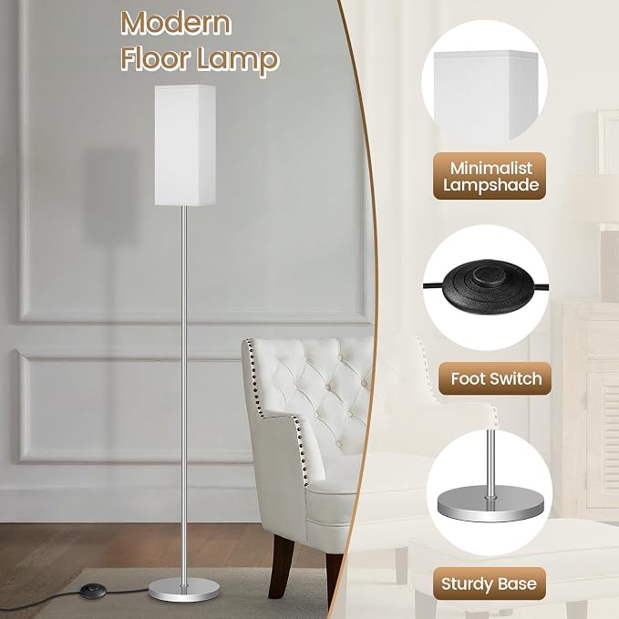 64.6" Floor Lamp, Pole with Foot Switch, Modern Standing Lamp Lamp, Minimalist Freestanding Lamp (Bulb Not Included), for Living Room, Bedroom Office ETL Listed, Silver and White SCW07LD05