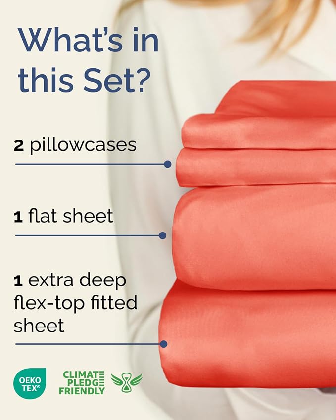 Flex Top Split Head King Sheet Set - 4 Piece Extra Deep Sheets - Coral | Easily Fits 18 to 24 inch Mattress, Ultra Soft, Wrinkle & Fade Free with Extra Deep Pockets, Comfy Hotel Luxury Bedding
