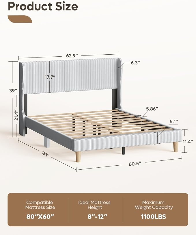 Bestier Queen Bed Frame with Wingback Headboard,Upholstered,Light Grey | No Squeaks,Easy Assembly,Wingback Headboard,Vertical Channel Corduroy Upholstered,Wooden Slats Support,No Box Spring Needed