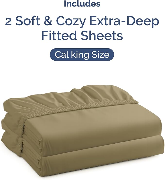2 Pack Extra Deep Cal King Fitted Sheets with Extra Deep Pockets - Khaki | Hotel Luxury Bottom Fitted Sheets Only, Soft, Fade & Wrinkle Free, Breathable & Comfy, All Around Elastic Fitted Sheets