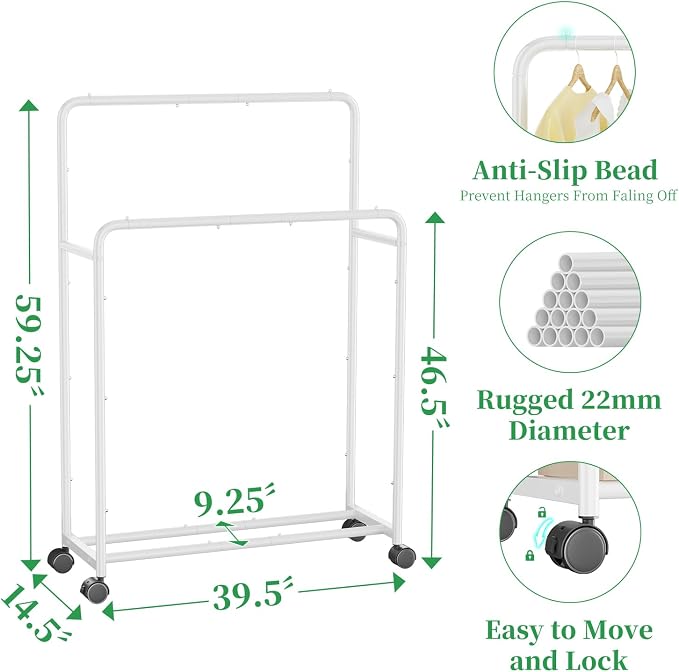 Simple Trending Clothing Clothes Rack, Double Rod Garment Rack, White | Portable Closet with Bottom Shelf, Anti-Slip Stoppers, 360° Lockable Wheels, Multiple Uses, Bedroom, Laundry Room