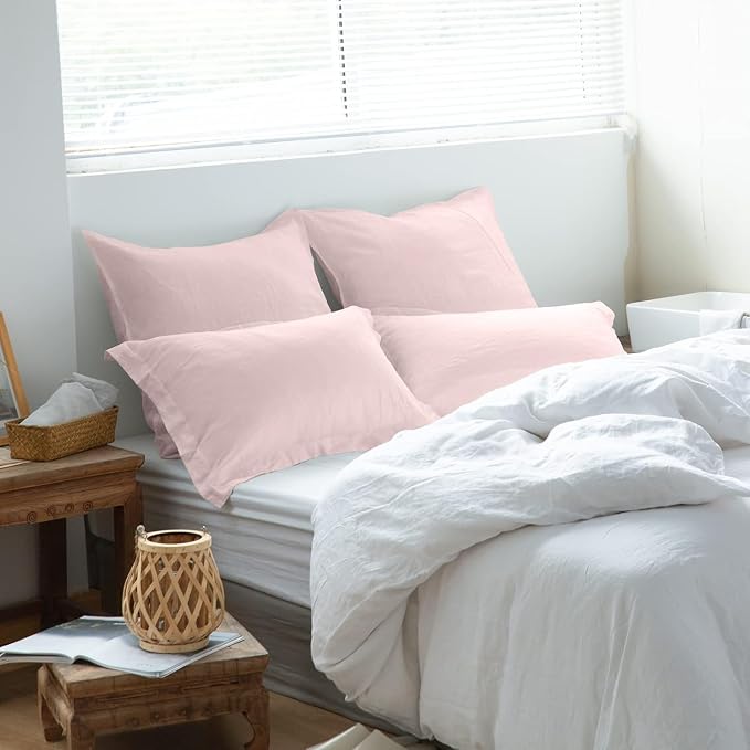 Simple&Opulence 100% Washed Linen Euro Shams 26'' x 26'' Pack of 2, Basic Style Solid Color Natural Flax Farmhouse Decorative Square Throw Pillow Covers for Bed Couch Sofa - Brush Pink