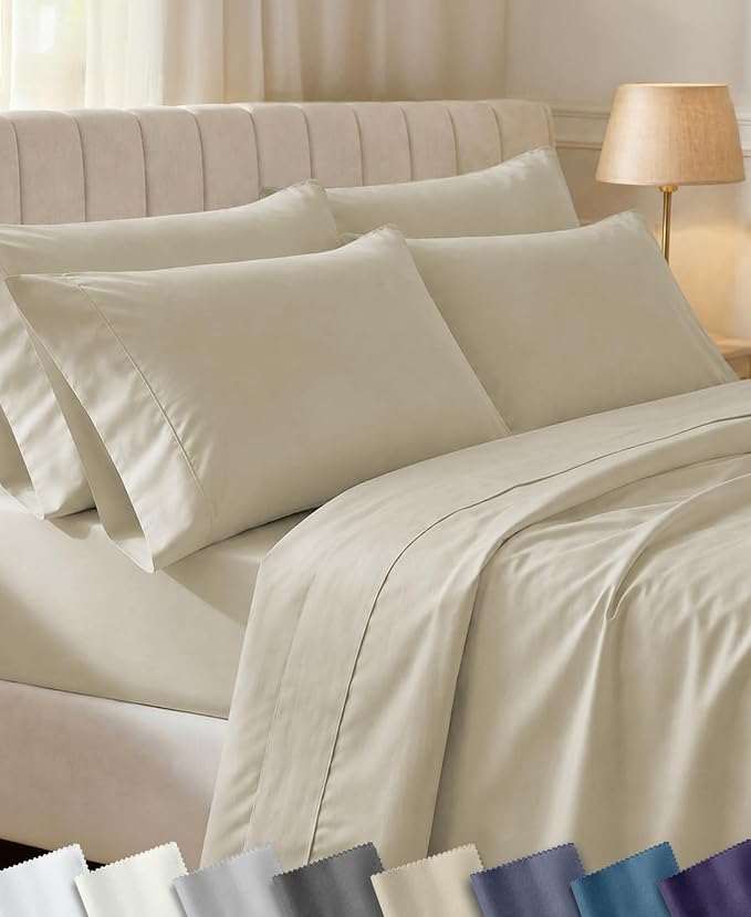 California Design Den Soft 100% Cotton Queen Fitted Sheet Set, 6 Pcs, Beige | 6 Pcs with 4 Pillowcases, 400 Thread Count Backed by Good Housekeeping Seal, 16" Deep Pocket, All-Around Elastic, Durable