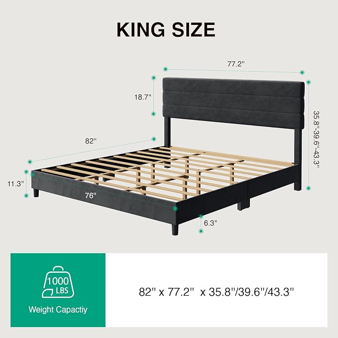 Novilla King Bed Frame and Headboard, King Bed Frame, Velvet Upholstered Stripe Bed Frames, No Box Spring Needed, Heavy Duty Feet, Easy Assembly, Black Velvet