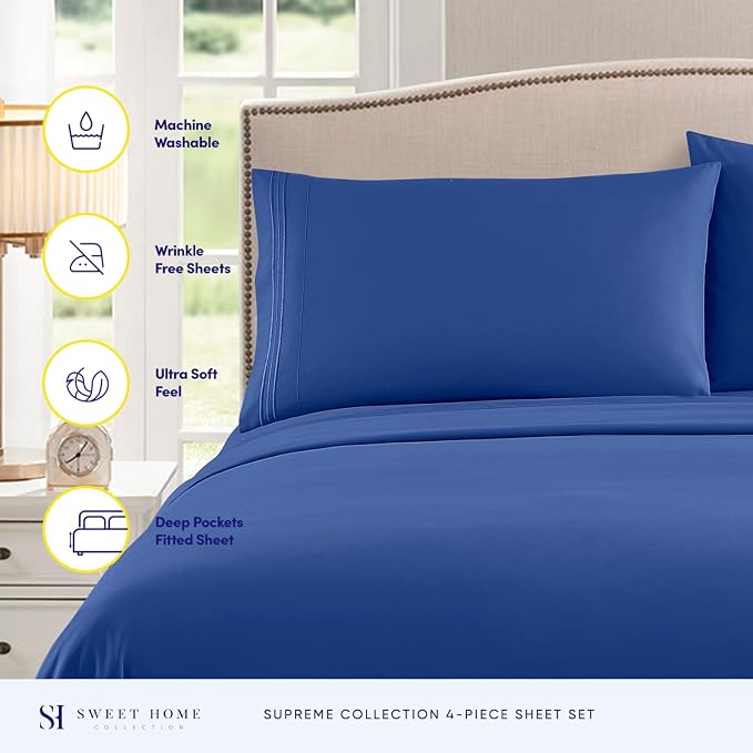 Twin XL Sheets - Breathable Luxury Sheets with Full Elastic & Secure Corner Straps Built In - 1800 Supreme Collection Extra Soft Deep Pocket Bedding Set, Sheet Set, Twin XL, Royal Blue