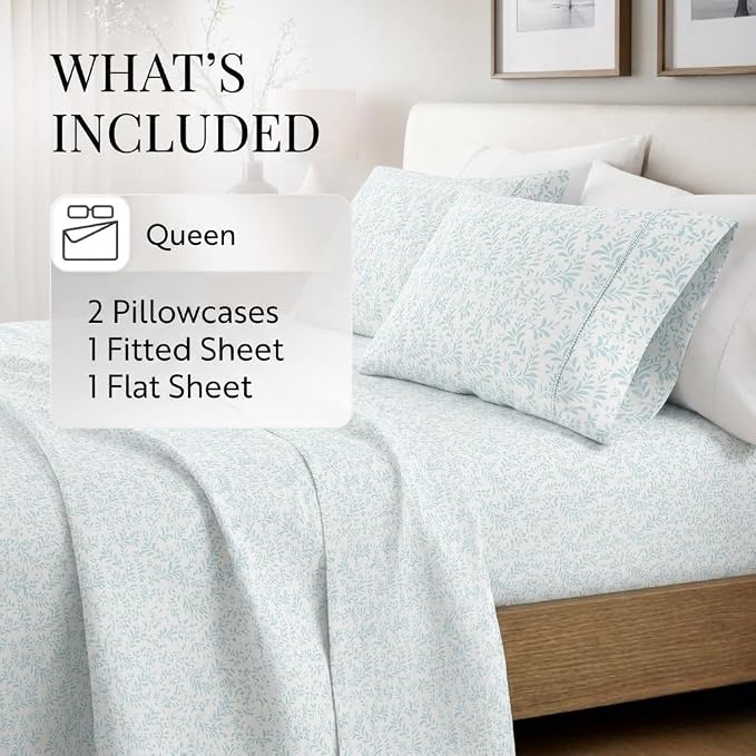 Linen Market Patterned Microfiber Queen Sheet Set 4 Piece – Oeko-TEX Certified Ultra Soft & Wrinkle-Free - 16" Deep Pocket Sheets - Easy Care Queen Size - Burst of Vines Light Blue