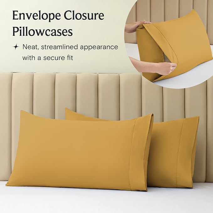 LuxClub 4 PC California King Sheet Set, Deep Pockets Wrinkle Free Cooling Bed Sheets Hotel Bedding for Women, Men, Includes 1 Fitted Sheet, 1 Flat Sheet and 2 Pillowcases-Medallion Gold | LuxClub Silky Fitted Sheet & Pillowcase Sets, Breathable Hotel L...