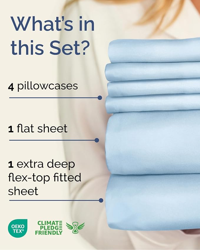 Flex Top Split Head King 6 Piece Sheet Set - Soft & Cooling - Light Blue | Ultra Soft Hotel Luxury Bedding Set w/ 8-16 Inch Deep Pockets, 1 Flat & 1 Split-Head Fitted Sheet & 4 Pillowcases, Fade Free