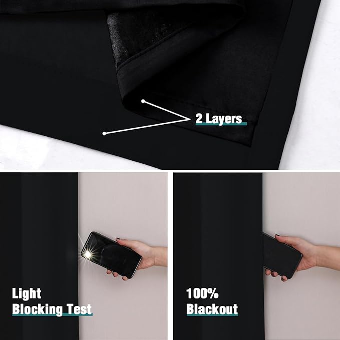 ChrisDowa 100% Blackout Curtains for Bedroom 72 Inches Long 2 Panels Set | 2 Thick Layers, Thermal Insulated, Light Blocking, Grommet, Window Treatment, Living Room Drapes, Black, 52 x 72 Inch