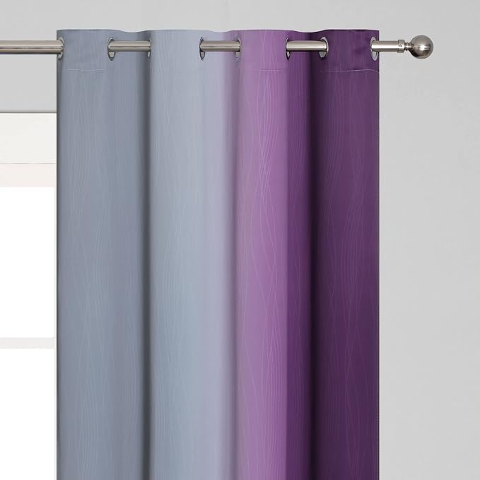 Purple and Grey Ombre Blackout Curtains for Bedroom 52Wx72L Inch 2 Panels | Estelar Textiler Light Blocking,Room Darkening,Thermal Insulated Grommet Drapes with Wavy Line Pattern for Kids Living Room