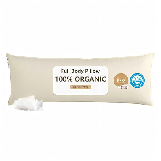 Goose Down Body Pillows for Adults, Large Body Pillow for Side Sleeper, Hugging Feather Body Pillow Insert, Cooling Full Length Long Pillow for Bed with 100% Organic Cotton Shell, Beige 20"x54"