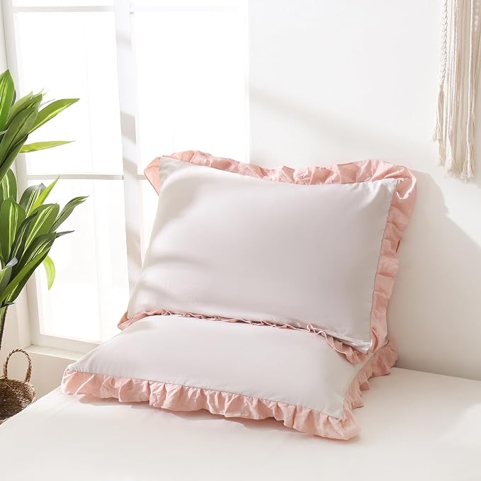 Merryword Pink Pillow Shams Beige and Pink Reversible Queen Pillowcases Cute Pillow Cover Set of 2 Soft Shabby Chic Ruffled Pillowcases 2 Pack (Queen (20''x30''), Beige Pink)