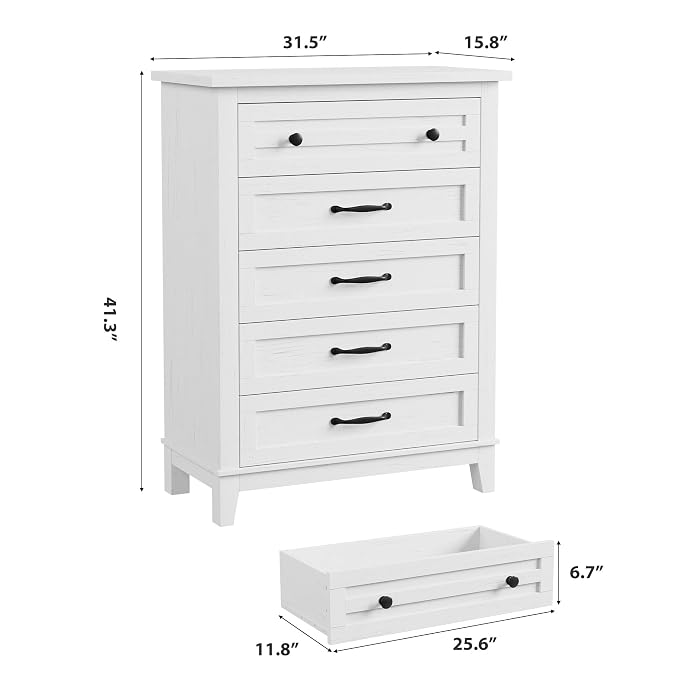 GarveeHome 5 Dresser for Bedroom, 41.3 in Tall Vertical Drawer Dresser with Large Storage, Freestanding Wooden Closet Chest for Bedroom, Living Room, White