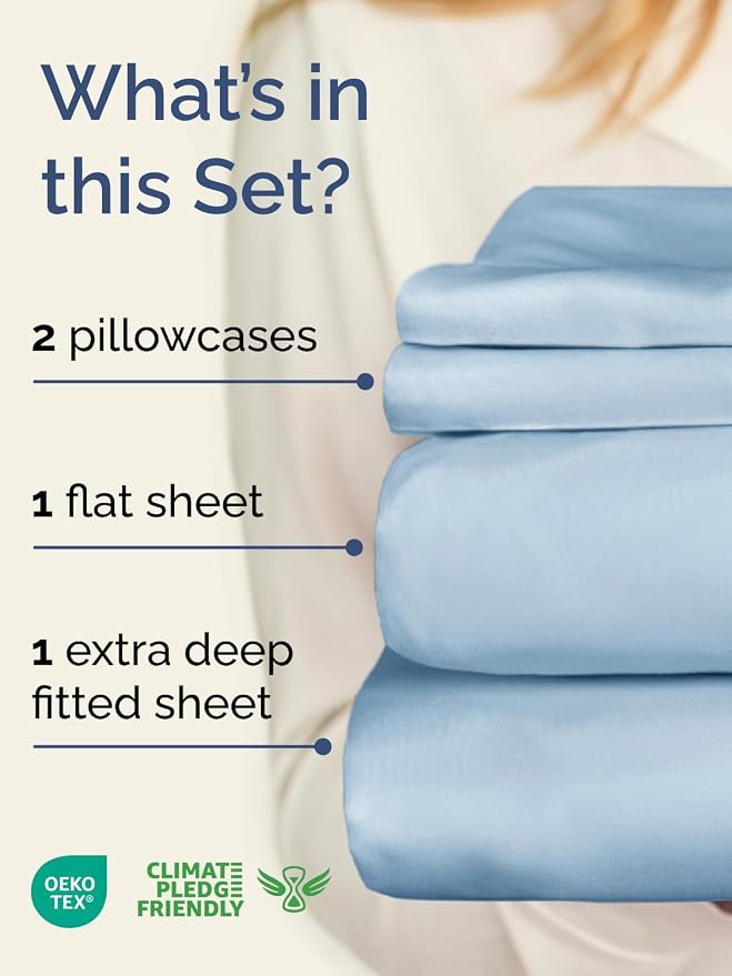 Extra Deep Twin Sheet Set - 4 Piece Breathable & Cooling Sheets - Sky Blue | Hotel Luxury Bed Sheets Set, Easy & Secure Fit, Ultra-Soft, Wrinkle & Fade Free, Comfy Sheets Set with Extra Deep Pockets