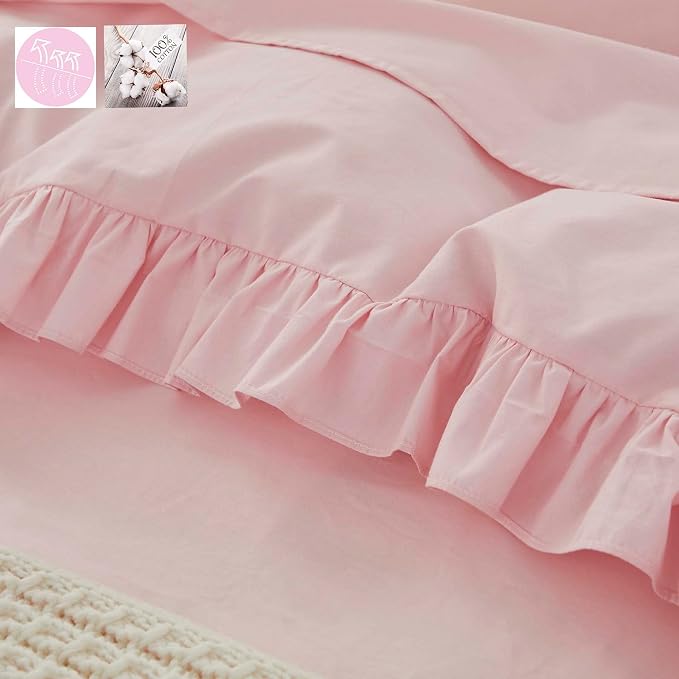 Brandream Kid's Duvet Cover Full/Queen Size,100% Organic Cotton 3Piece Girl Bedding Duvet Cover Set, Ruffled Fringe Solid Color Soft Breathable with Zipper Closure & Corner Ties(Pink)