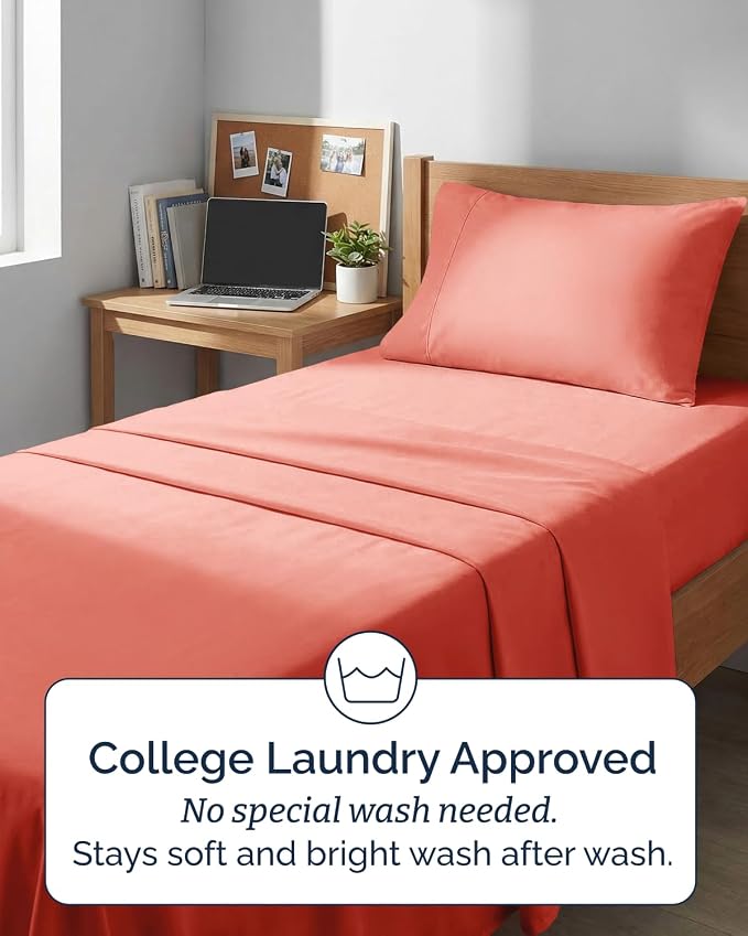Extra Deep Twin XL Sheet Set - 3 Piece College Dorm Room - Coral | Soft, Breathable & Cooling, Easily Fits 18 to 24 inch Mattress, Wrinkle Free & Fade Resistant with Extra Deep Pockets