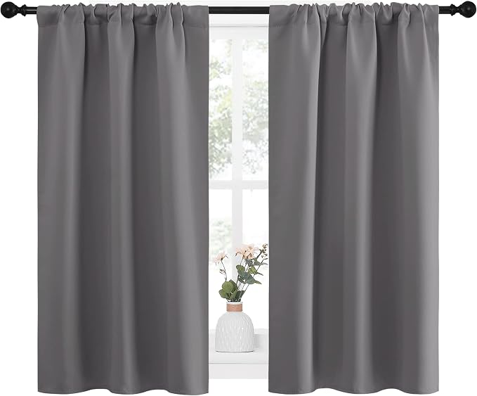 NICETOWN Grey Blackout Curtains for Bedroom 34" Wide x 45" Long 2 Panels | Home Decoration Thermal Insulated Rod Pocket Blinds Drapes for Kitchen Small Windows, Light Blocking Room Darkening Decor