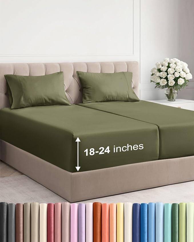 Extra Deep Split King Sheet Set - 5 Piece Breathable Cooling - Sage Green | Easily Fits 18 to 24 inch Mattress - Ultra Soft, Wrinkle & Fade Free with Extra Deep Pockets - Comfy Hotel Luxury Bedding