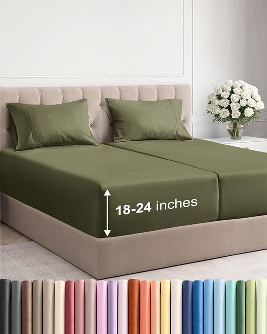 Extra Deep Split King Sheet Set - 5 Piece Breathable Cooling - Sage Green | Easily Fits 18 to 24 inch Mattress - Ultra Soft, Wrinkle & Fade Free with Extra Deep Pockets - Comfy Hotel Luxury Bedding