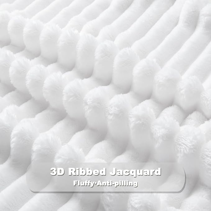 NEWCOSPLAY Fleece Ribbed Cozy Queen Blanket for Couch, White, 90"x90" | Premium Silky Flannel Blanket, Soft Lightweight Fluffy Throw Blanket for Bed Sofa Decor, Gift for All Season Use