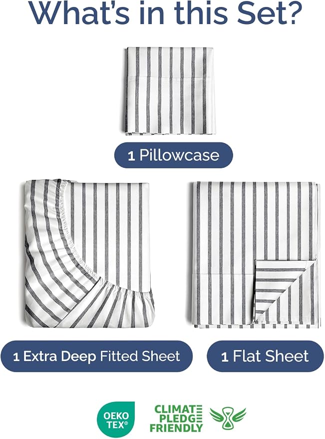 Extra Deep Twin Sheet Set - 3 Piece Breathable & Cooling - Grey Stripes | Easily Fits 18 to 24 inch Mattress - Ultra Soft, Wrinkle & Fade Free with Extra Deep Pockets - Comfy Hotel Luxury Bedding