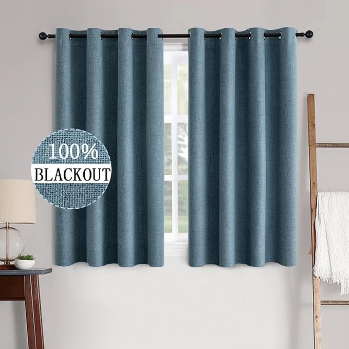 MIULEE 100% Blackout Linen Curtains for Bedroom 52x54 Inches Dusty Blue | Room Darkening, Light Blocking, Thermal Insulated, Grommet Top, Linen Textured, Window Curtains for Living Room, 2 Panels