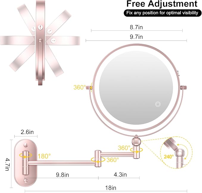 9" Wall Mounted Lighted Makeup Mirror,4000mAh Rechargeable Double Sided 1X/10X Magnifying Mirror with Light,3 Color Lights,Touch Dimmable,Extended Arm 360 Rotation Wall Mounted Makeup Mirror