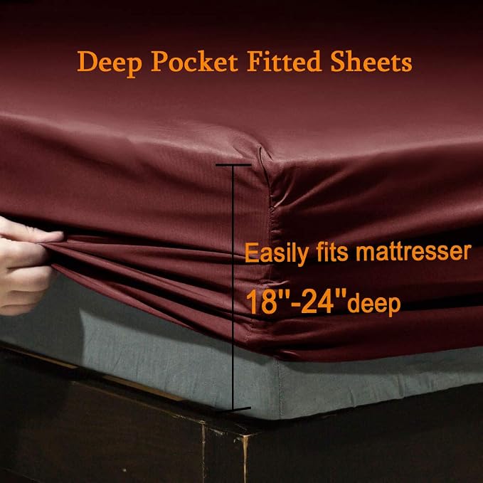SONORO KATE Bed Sheet Set Super Soft Microfiber 1800 Series Luxury Egyptian Sheets Fit 18-24 Inch Deep Pocket Mattress Wrinkle-6 Piece (Burgundy, Queen)