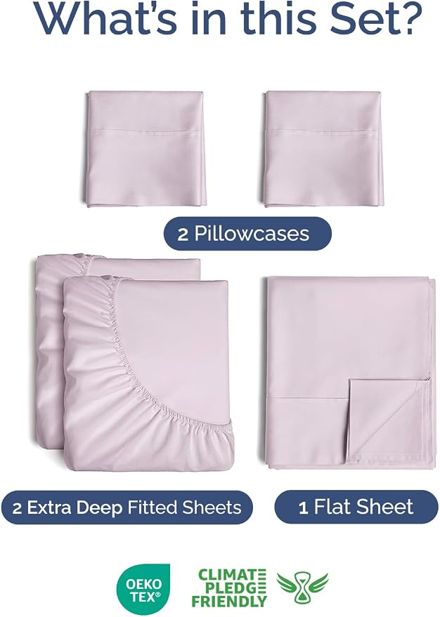 Extra Deep Split King Sheet Set - 5 Piece Cooling Sheets - Light Lavender | Easily Fits 18 to 24 inch Mattress - Ultra Soft, Wrinkle & Fade Free with Extra Deep Pockets - Comfy Hotel Luxury Bedding