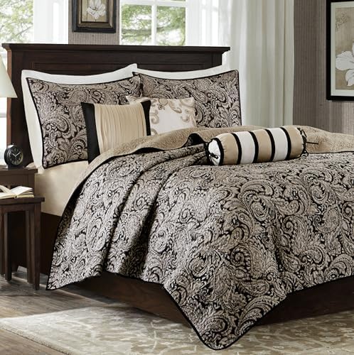 Madison Park Traditional Damask Jacquard Paisley Black Queen Quilt Set, 6pc | Lightweight Coverlet Bedspread Bedding Set, All Season, Machine Washable, Easy Care, Cozy, Breathable, Soft