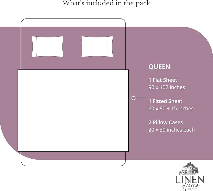 Linen Home 100% Cotton Percale Sheets Queen Size, Damson Berry, Deep Pocket, 4 Pieces Set - 1 Flat, 1 Deep Pocket Fitted Sheet and 2 Pillowcases, Crisp Cool and Strong Bed Linen