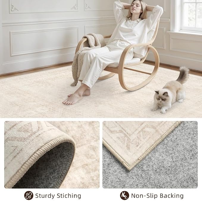 Round Area Rug Living Room: 8ft Neutral Washable Carpet Rug Beige | Vintage Boho Circle Soft Large Circular Carpet Bedroom Nursery Farmhouse Dining Room Indoor Decor Floor Non-Slip Under Table