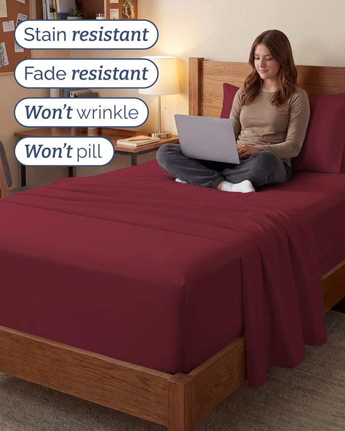 Extra Deep Twin XL Sheet Set - 3 Piece College Dorm Room - Burgundy | Soft, Breathable & Cooling, Easily Fits 18 to 24 inch Mattress, Wrinkle Free & Fade Resistant with Extra Deep Pockets