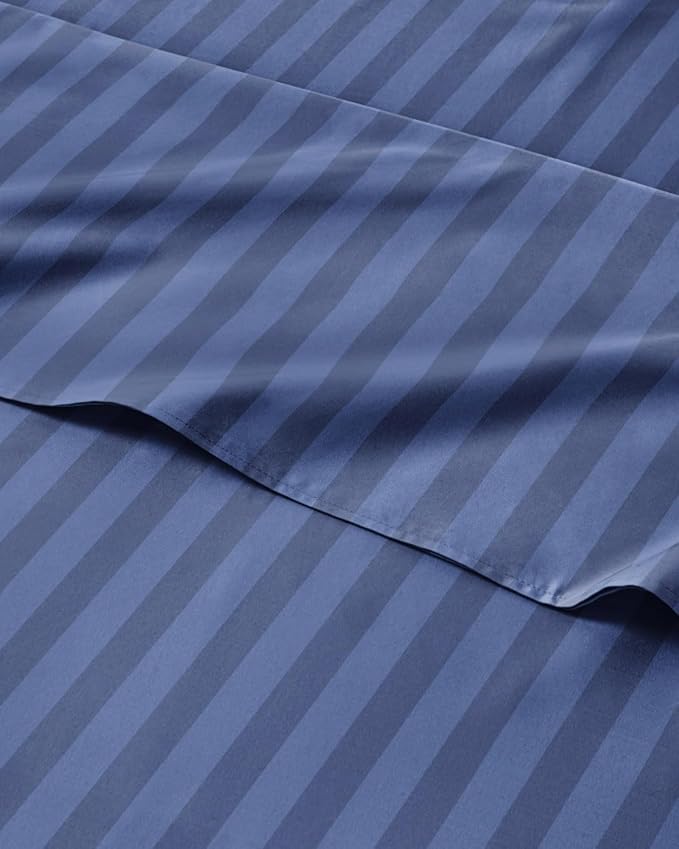 Twin 3 Piece Striped Sheet Set - Soft, Breathable & Cooling - Blue Stripes | 1 Flat, 1 Fitted & 1 Pillowcase w/ Deep Pockets, Luxury Striped Bedding, Soft, Breathable & Cooling, Wrinkle & Fade Free