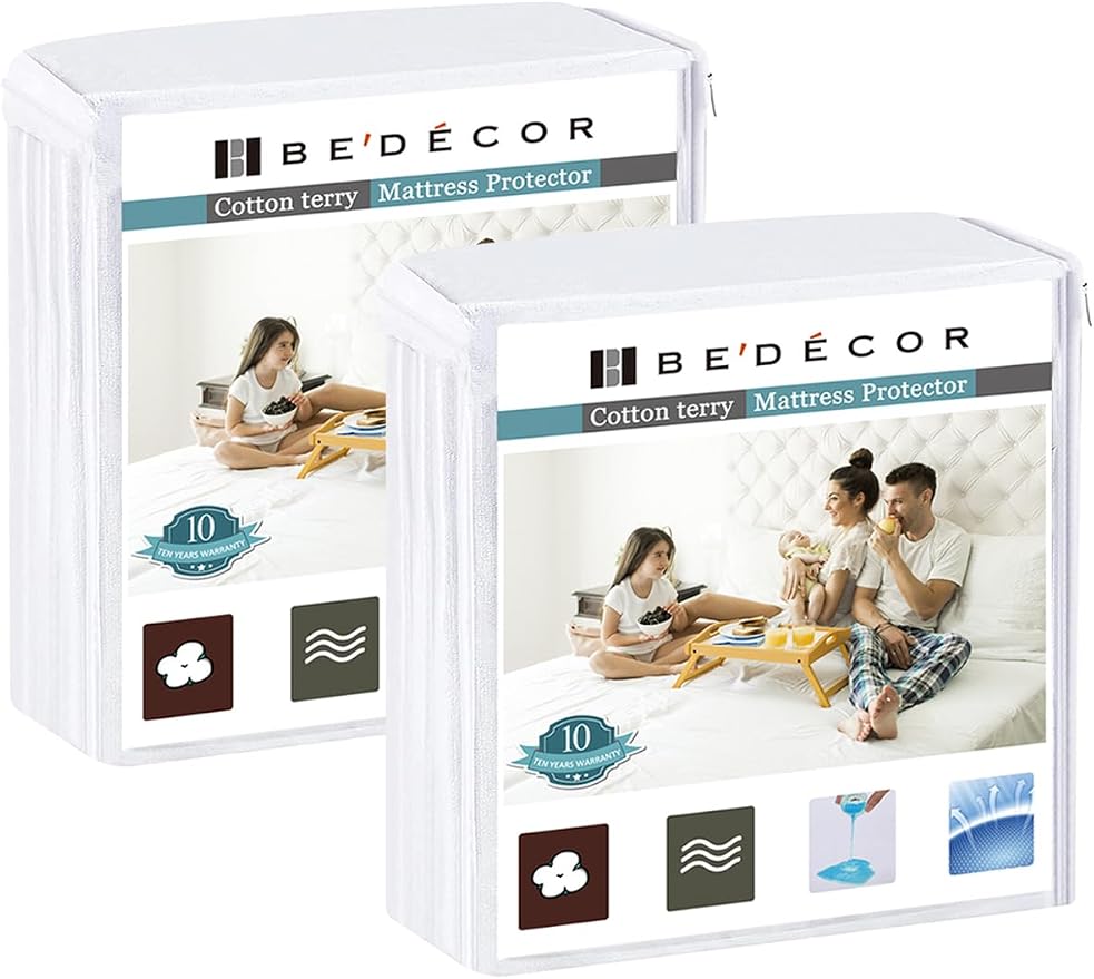 Bedecor 2 Pack Queen Waterproof Mattress Protector,Terry Top Fitted 9"-18" | TPU layer blocks urine & spills, Ultra-thin, keeps your mattress feel, For bedwetting, pets, incontinence