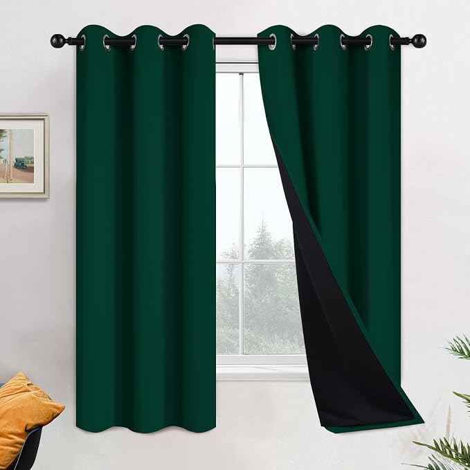 Yakamok Dark Green 100% Blackout Curtains 63 Inches Long 42" Wide 2 Panels | Blackout Curtain Panels for Bedroom, 2 Thick Layers Grommet Top Thermal Insulated Drapes with Black Liner for Living Room