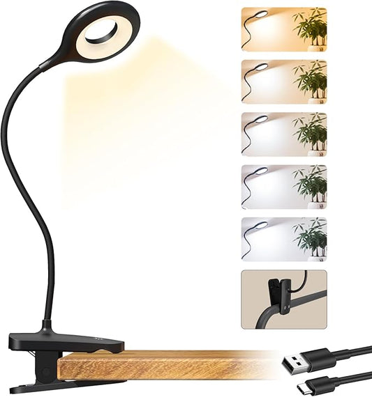 CUHIOY Rechargeable Clip on Reading Light for Bed Headboard, Black, 1 Pack | Strong Clamp USB-C Goose-Neck Night Light, 5 Colors 5 Brightness Desk Lamp for Bunk Bed Shelf, Perfect for Reading Working
