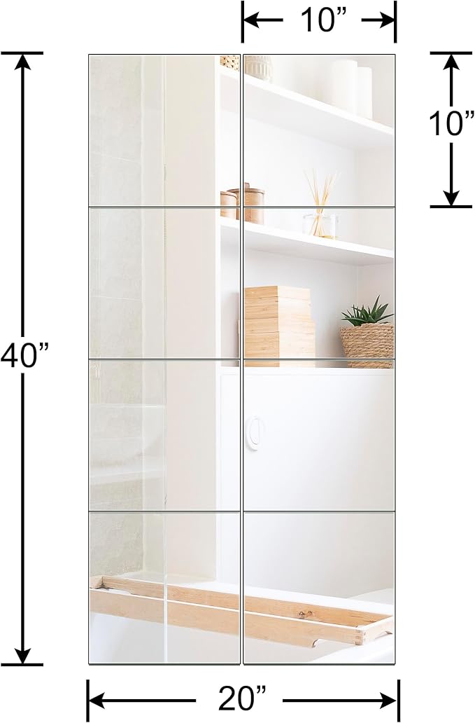 Full Length Mirror Tiles, 10" x 10" x 8PCS Frameless Wall Mounted Mirror | Square Large Wall Mirror Tiles for Home Gym, Bedroom, Door, Bathroom, Frameless Mirror Sets