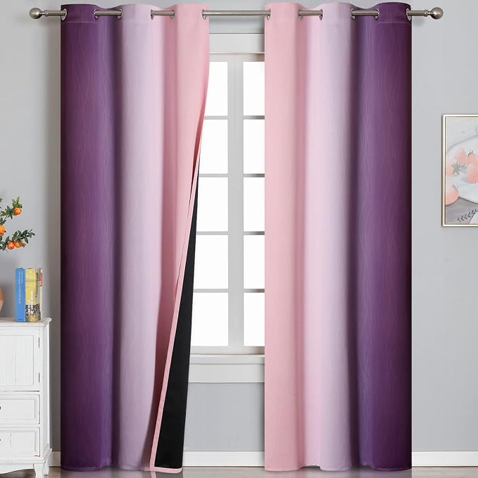 Pink and Purple Ombre Blackout Curtains for Girls Bedroom 84 Inches Long | Estelar Textiler Kids Room Darkening Curtains,Light Blocking,Grommet Thermal Insulated Gradient Drapes,42Wx84L Inch, 2 Panels