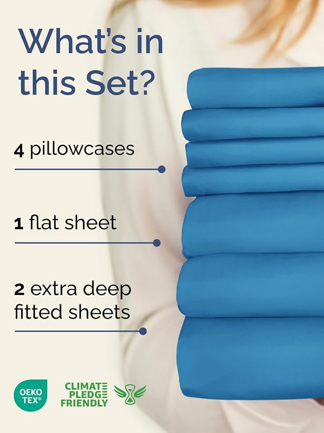 Extra Deep Split King Sheet Set - 7 Piece Breathable & Cooling - Denim Blue | Hotel Luxury Bed Sheets Set, Easy & Secure Fit, Ultra-Soft, Wrinkle & Fade Free, Comfy Sheets Set with Extra Deep Pockets