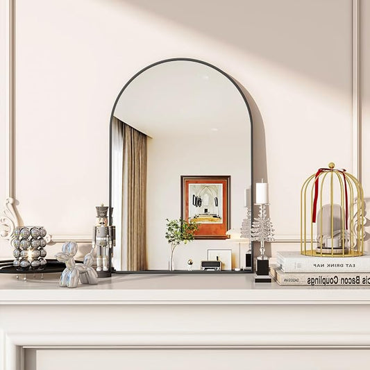 Arched Wall Mirror, 20 x 30 inch Arch Bathroom Mirror, Wall Mounted Vanity Mirror with Arch Metal Frame, Modern Bathroom Vanity Mirror for Bedroom, Living Room, Hanging or Leaning, Black